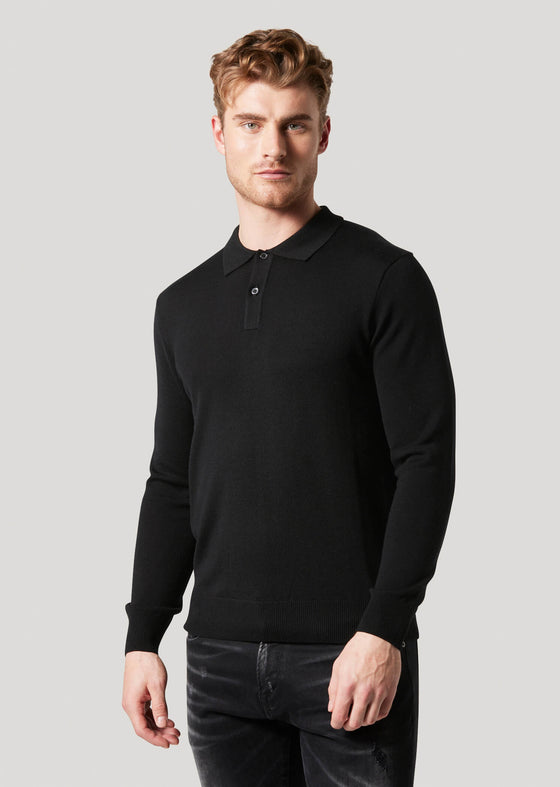 Penn Black Button Up 100% Wool Knitted Polo